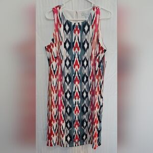 London Times Dress - Blue Red White Polyester Sheath Petite - Size 14P